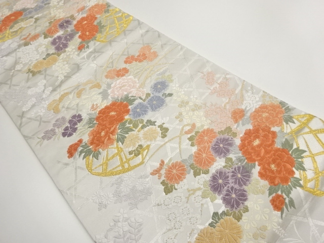 籠目に花籠模様織出し袋帯